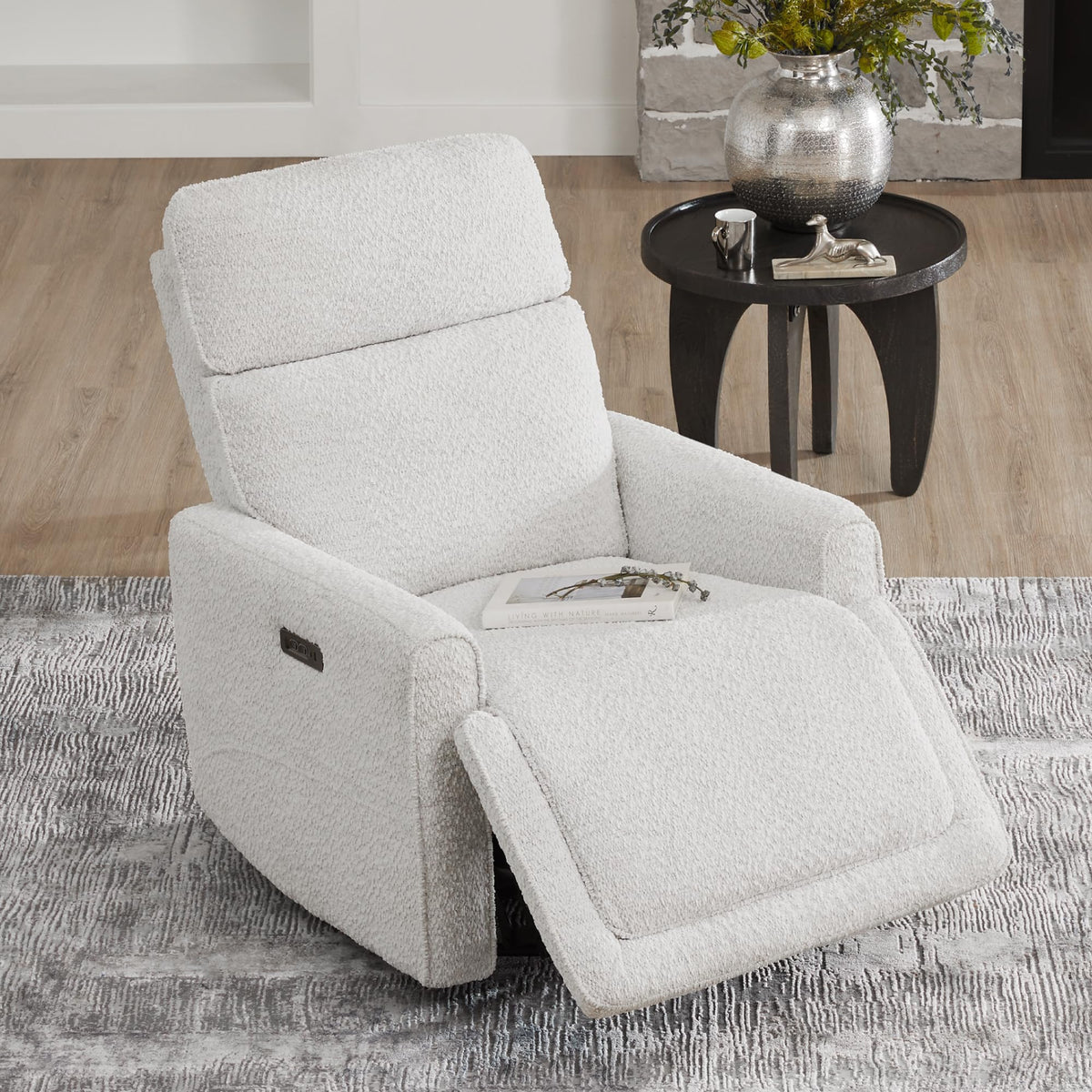 White Boucle Power Swivel Glider Recliner Chair K9391